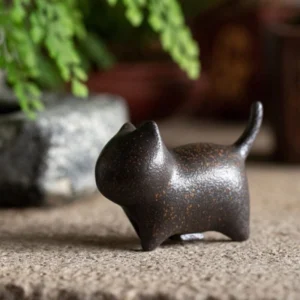 main view of handcrafted rustic ceramic cat tea pet with vintage gold fleck finish