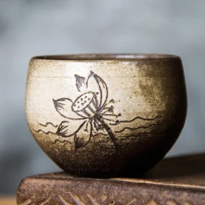 Handcrafted vintage Chinese clay chawan tea bowl front view hand carved landscape motif