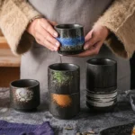 Collection of handcrafted wabi-sabi 200ml ceramic teacups with unique glaze designs