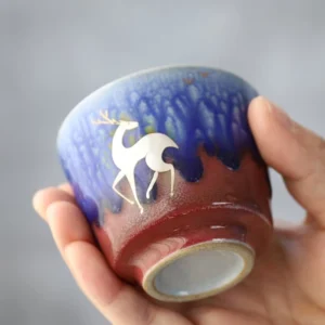 full collection of 80ml handmade Chinese ceramic pinming tea cups with deer fish blue and white patterns
