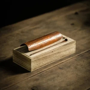 handmade hammered brass tea scoop and tea spoon set with wood base