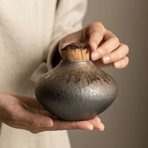 Handmade ceramic tea jar with natural cork lid for loose tea storage, rustic wabi sabi style