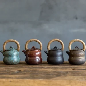 front view of handmade chinese ceramic gourd teapot