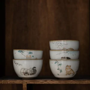 Full product view of handmade kawaii cat crackle glaze ceramic chawan tea bowl