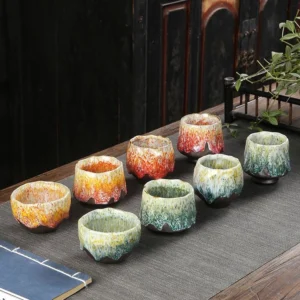 handmade jian zhan tea cup with unique kiln change glaze and petal rim