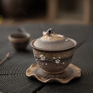 Handmade plum blossom relief ceramic gaiwan tea set 200ml full view