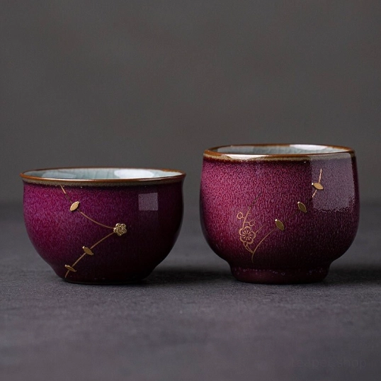 handmade purple glaze kintsugi gongfu tea cup angle view