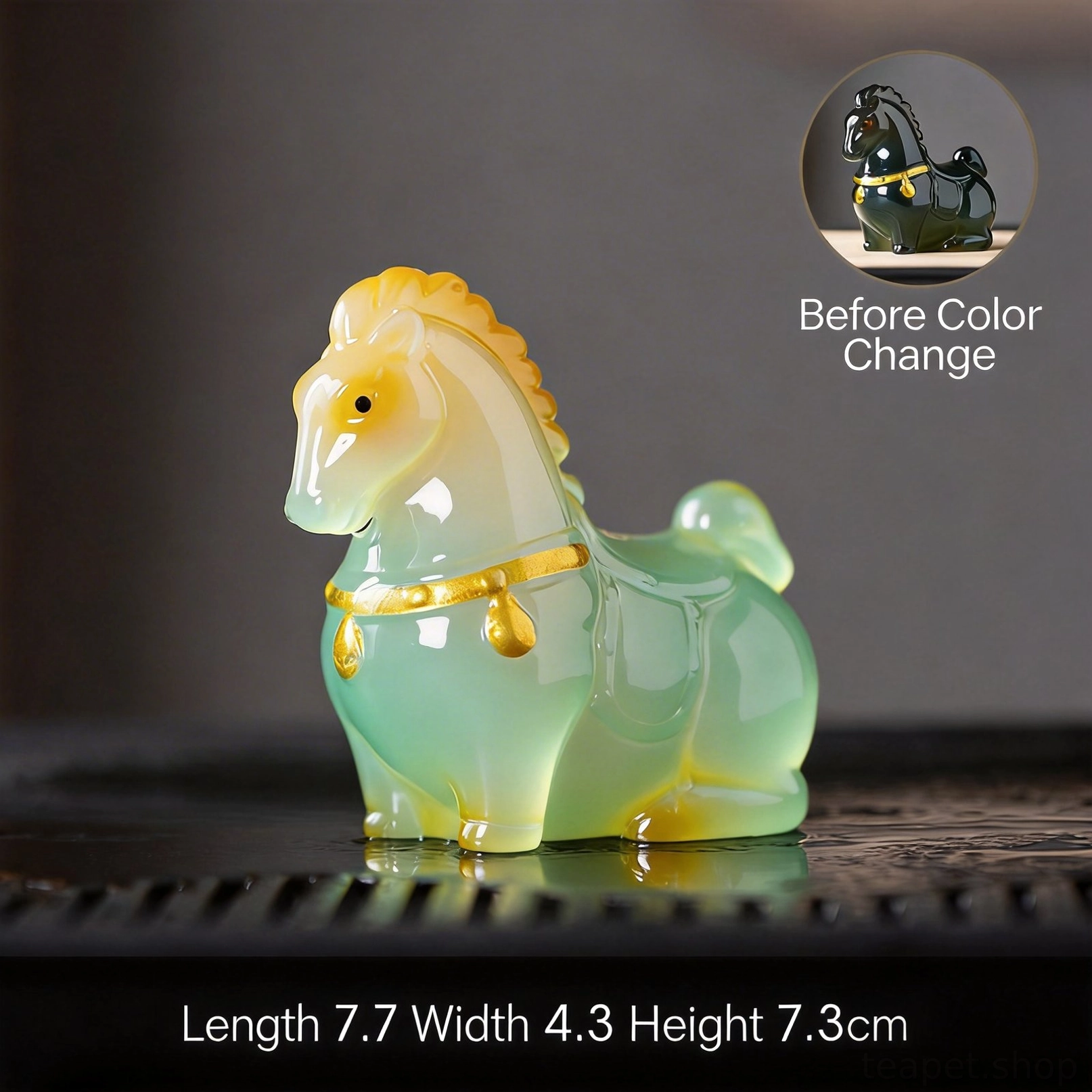 comparison of color changing horse tea pet before and after hot water
