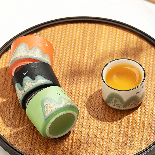 side profile of 70ml ink mountain landscape ceramic gongfu tea cup