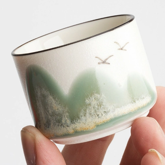 detailed mountain and bird pattern on 70ml ink mountain ceramic tea cup