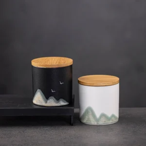 Ink wash landscape ceramic tea jar with natural bamboo lid