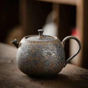 Full side view of 230ml iron rust glaze ceramic teapot