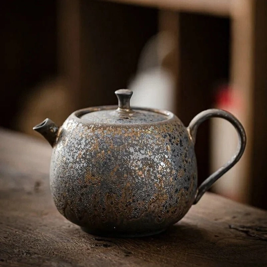 Full side view of 230ml iron rust glaze ceramic teapot