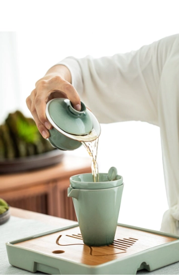 Hand holding Jingdezhen porcelain gaiwan demonstrating brewing position