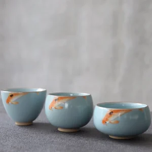 full set of three blue koi ice crack porcelain teacups