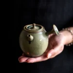 front view of 225ml handcrafted vintage green kyusu side handle teapot with golden ginkgo