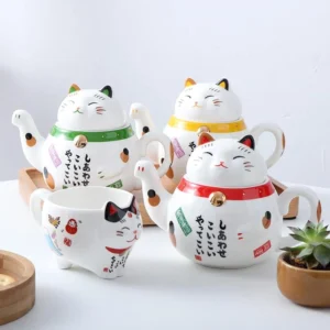 full set view of 300ml maneki neko ceramic teapot with red collar