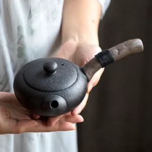 matte black ceramic kyusu side handle teapot full view
