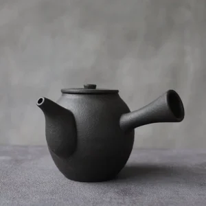 Full side view of matte black ceramic kyusu teapot 360ml