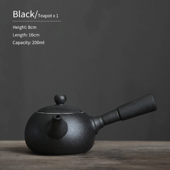Matte black ceramic Kyusu Teapot with matching tea warmer