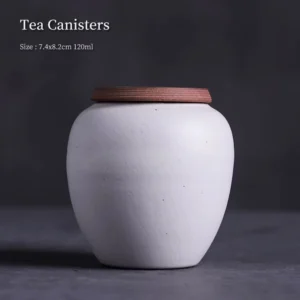 front view of mini white ceramic sealed tea jar