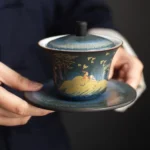 150ml modern blue ceramic gaiwan tea set with golden deer mountain pattern full view