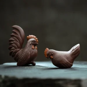 Main view of 2-piece handcrafted Yixing purple clay rooster and hen tea pet set