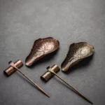full set view of hand forged purple copper lotus leaf tea scoop