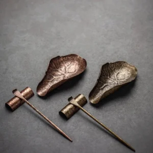 full set view of hand forged purple copper lotus leaf tea scoop