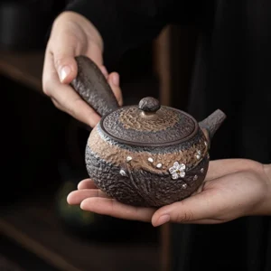 full side view of 320ml retro ceramic kyusu teapot with plum blossom decoration