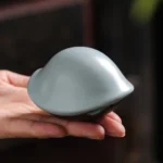 Handmade Ru Kiln celadon longevity tortoise tea pet front view on tea tray