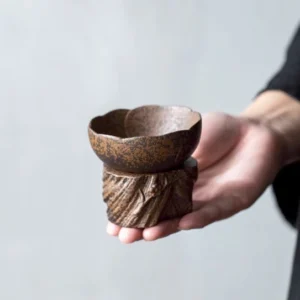 Rustic handcrafted porcelain loose leaf tea strainer with matching tree stump base