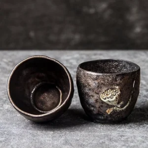 set of 2 handcrafted rustic ceramic lotus seed pod tea cups 100ml full view