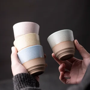 Full set of 6 speckled Japanese clay tea cups main view