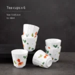 full set view of 6 60ml white porcelain gongfu teacups with koi fish design