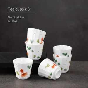 full set view of 6 60ml white porcelain gongfu teacups with koi fish design