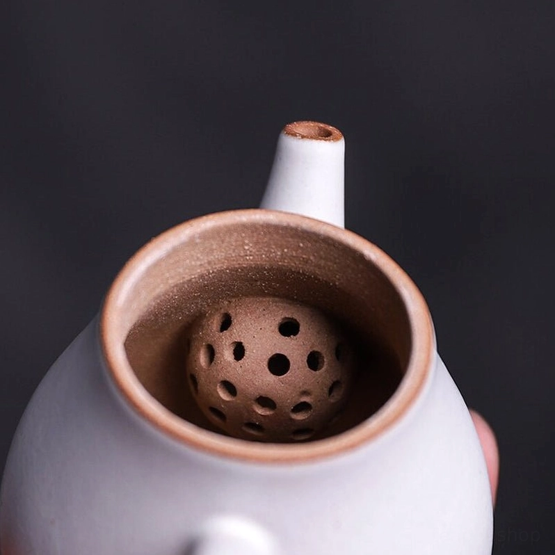 built in perforated filter infuser inside small white ceramic teapot