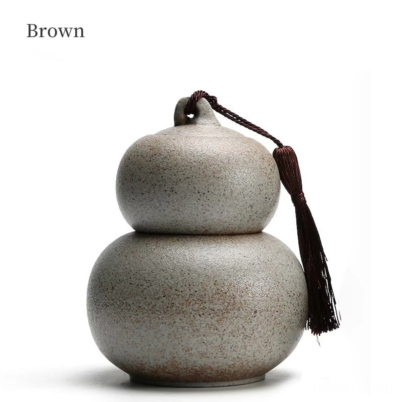 speckled brown ceramic gourd tea jar whole view