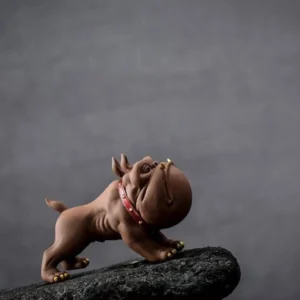 Handmade standing French bulldog zisha tea pet on black tea tray