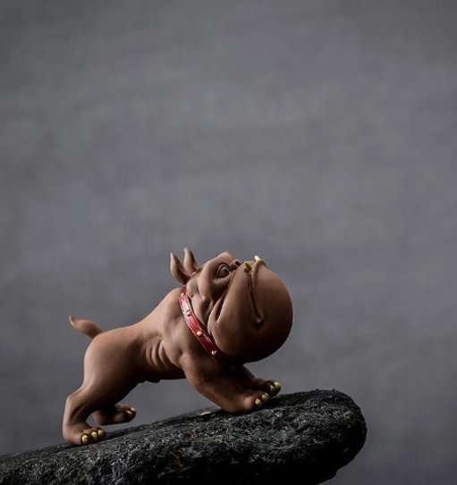 Handmade standing French bulldog zisha tea pet on black tea tray