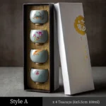 full set view of style a 100ml handmade ceramic chinese chawan tea bowl set with koi motif