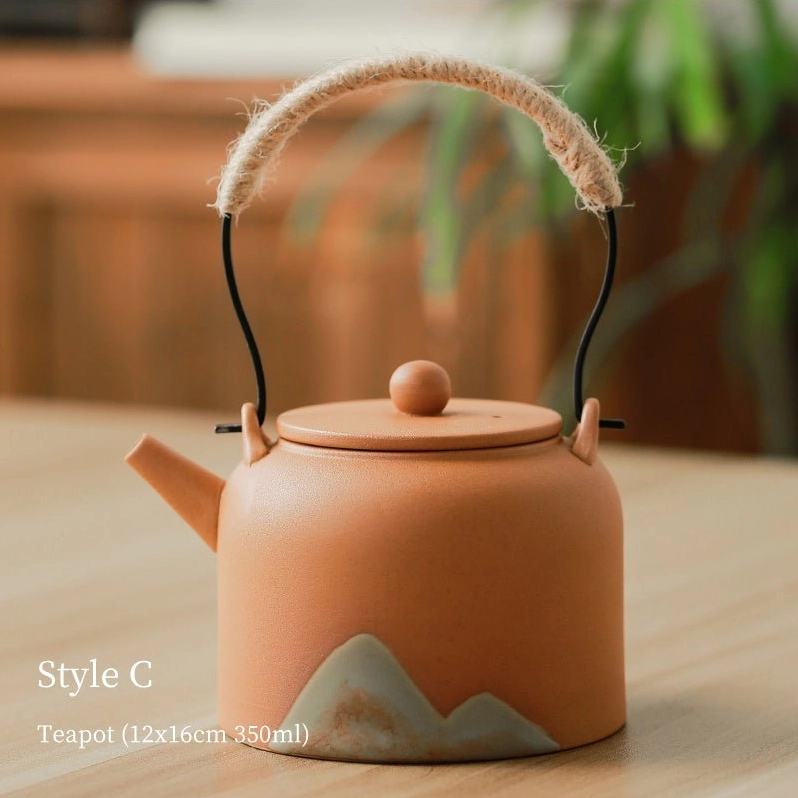Style C orange ceramic mountain teapot 350ml with jute handle