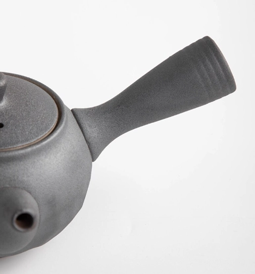 back view of textured charcoal grey kyusu teapot
