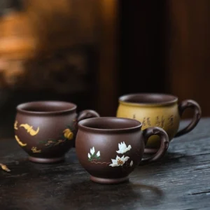 group view of three styles handmade 140ml yixing zisha clay teacups