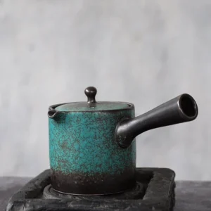 full side view of vintage blue green ceramic kyusu teapot 200ml