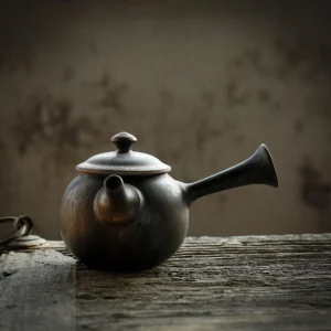 full side view of 200ml vintage ceramic kyusu teapot with side handle