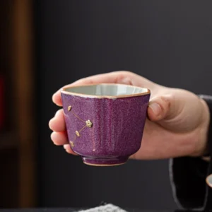 collection of vintage purple kintsugi Chinese ceramic kung fu tea cups
