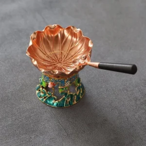 full set of vintage copper lotus loose leaf tea strainer with enamel holder