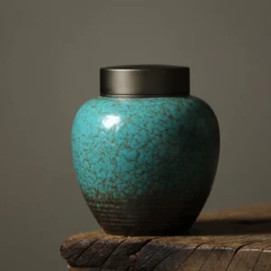 vintage blue-green crackle glaze ceramic tea jar full view