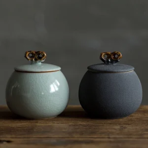 main view of vintage green ceramic airtight tea jar